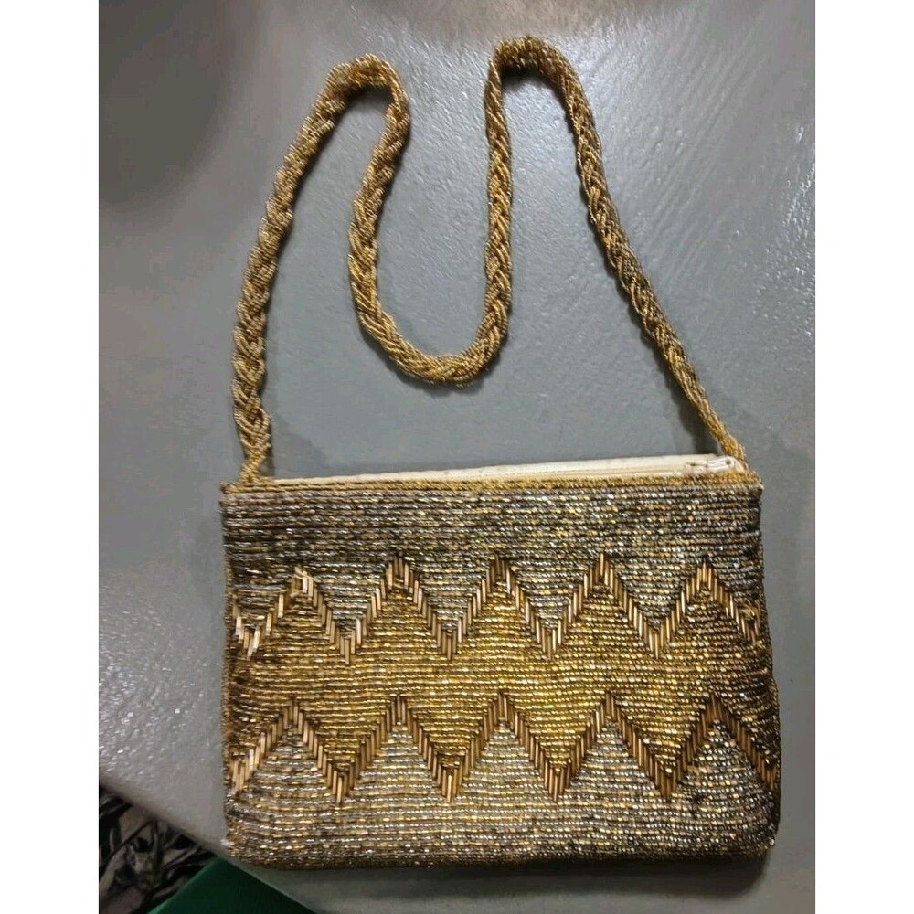 vintage gold beaded clutch bag chevron crossbody purse